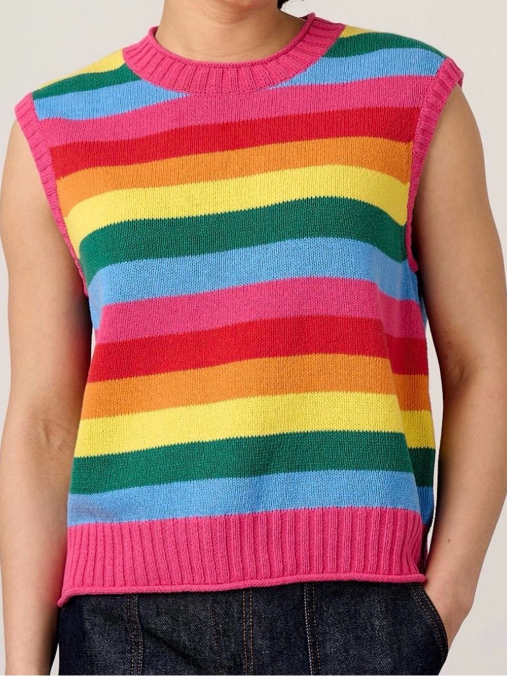 Lucy & Yak Multicolor Rainbow Stripe Knit Vest - Pink Trim